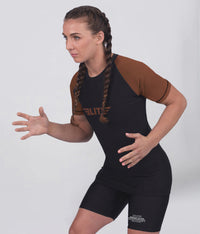 standard brown short sleeve womens no-gi bjj rash guard flatlock seams