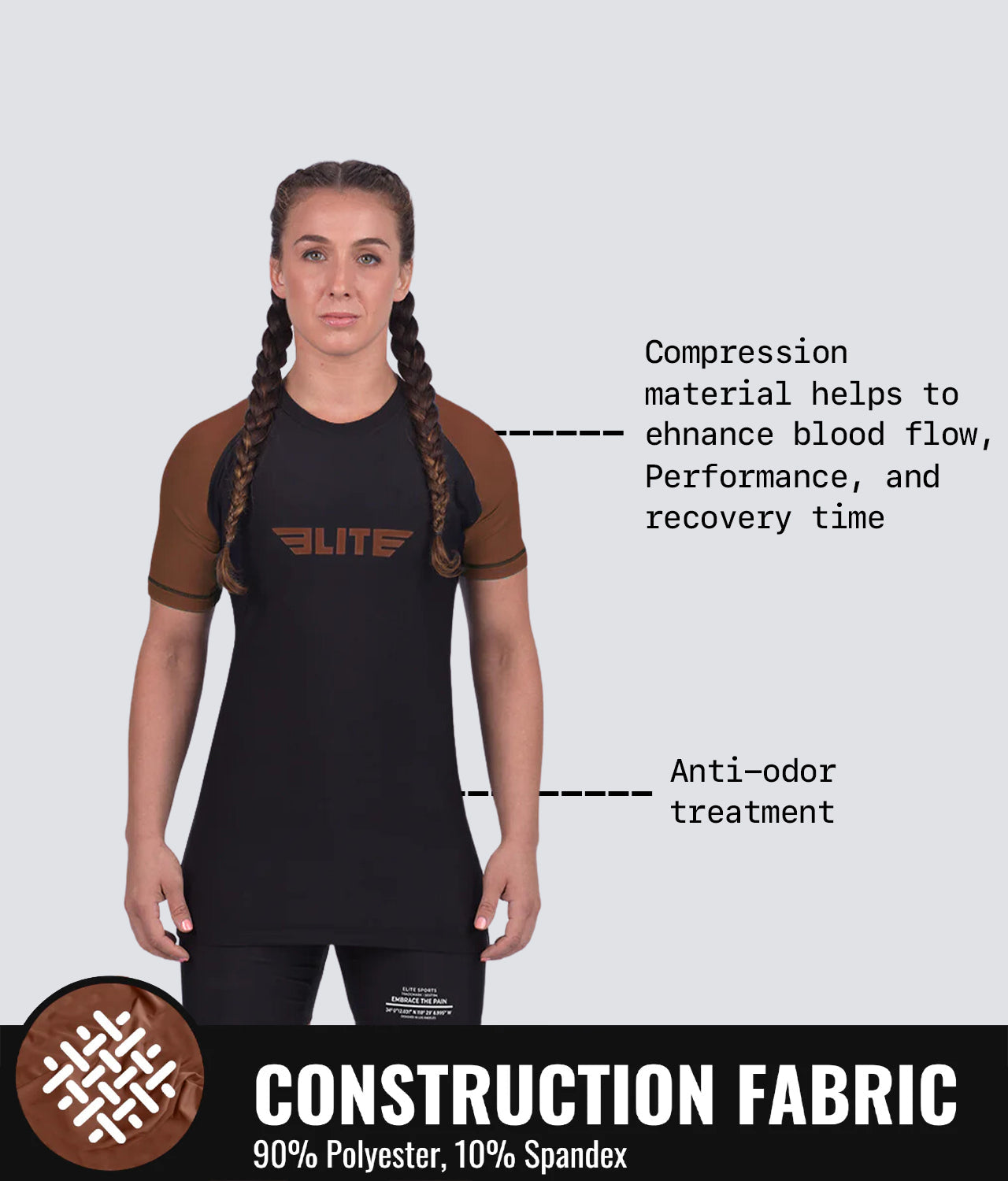 standard brown short sleeve womens bjj rash guard compression fabric