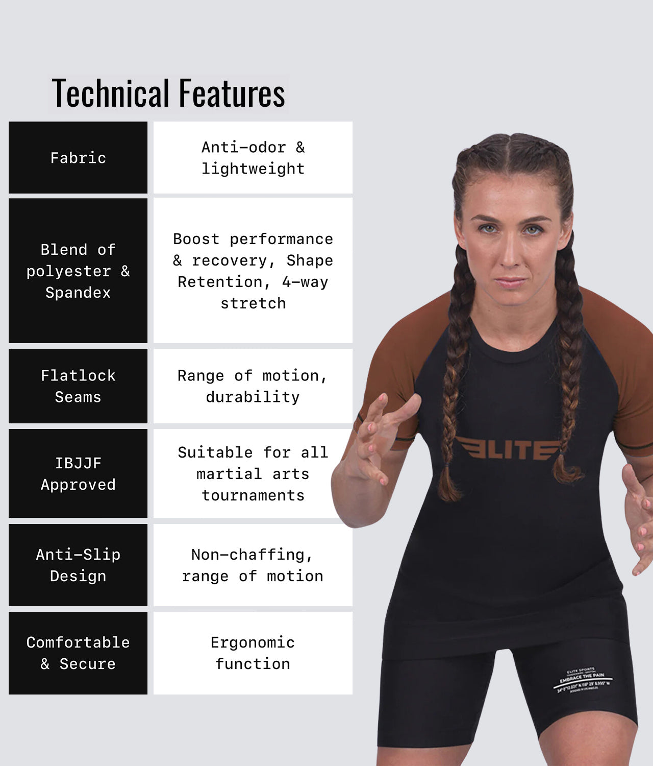 standard brown short sleeve ladies bjj rashguard technical features