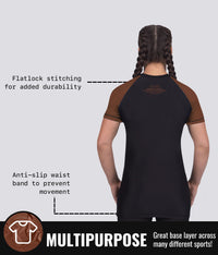 standard brown multipurpose short sleeve womens no-gi bjj rashguard