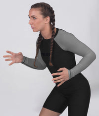 standard gray long sleeve womens no-gi bjj rash guard flatlock seams