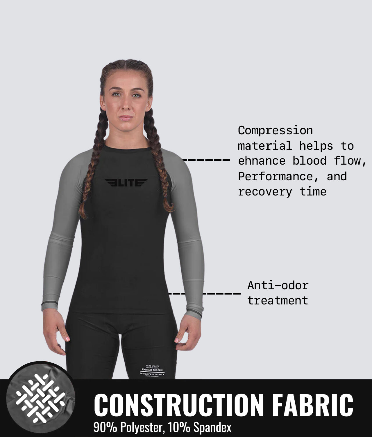 standard gray long sleeve womens bjj rash guard compression fabric