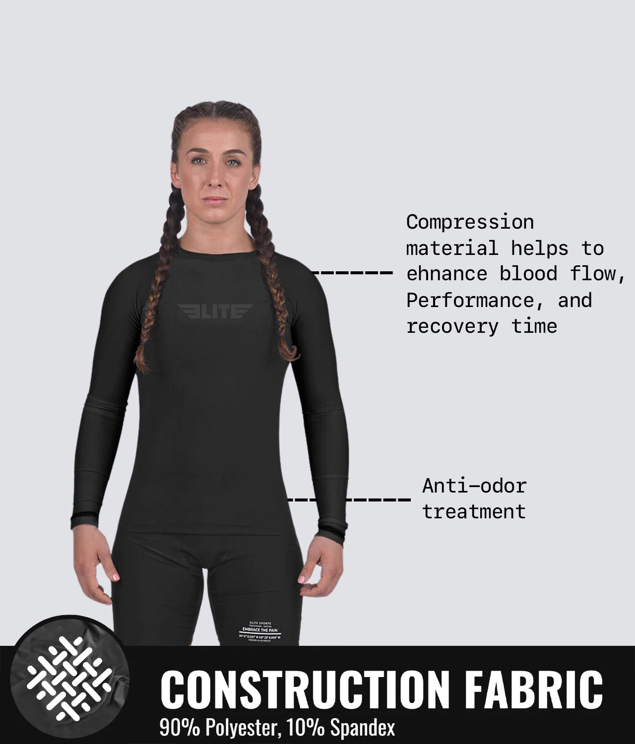 standard black long sleeve womens bjj rash guard compression fabric