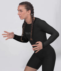 standard black long sleeve womens no-gi bjj rash guard flatlock seams