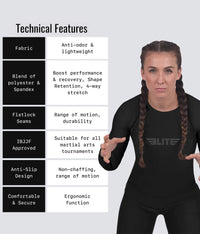 standard black long sleeve ladies bjj rashguard technical features