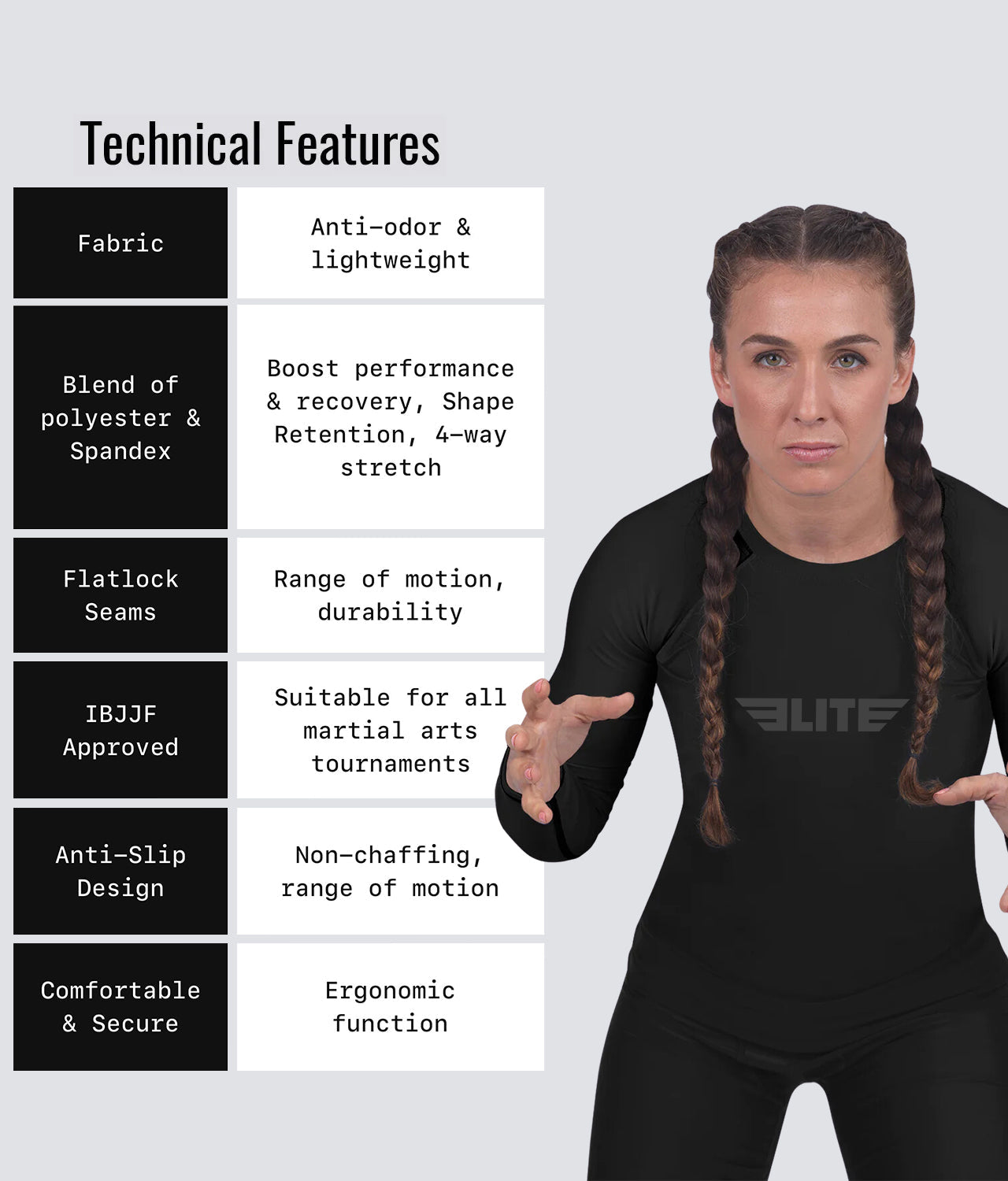 standard black long sleeve ladies bjj rashguard technical features