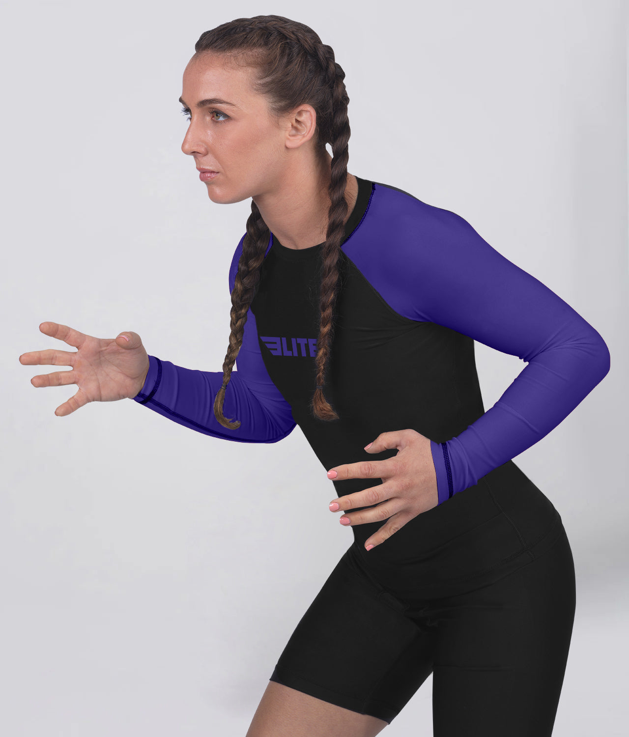 standard purple long sleeve womens no-gi bjj rash guard flatlock seams
