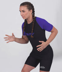 standard purple short sleeve womens no-gi bjj rash guard flatlock seams