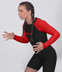 standard red long sleeve womens no-gi bjj rash guard flatlock seams