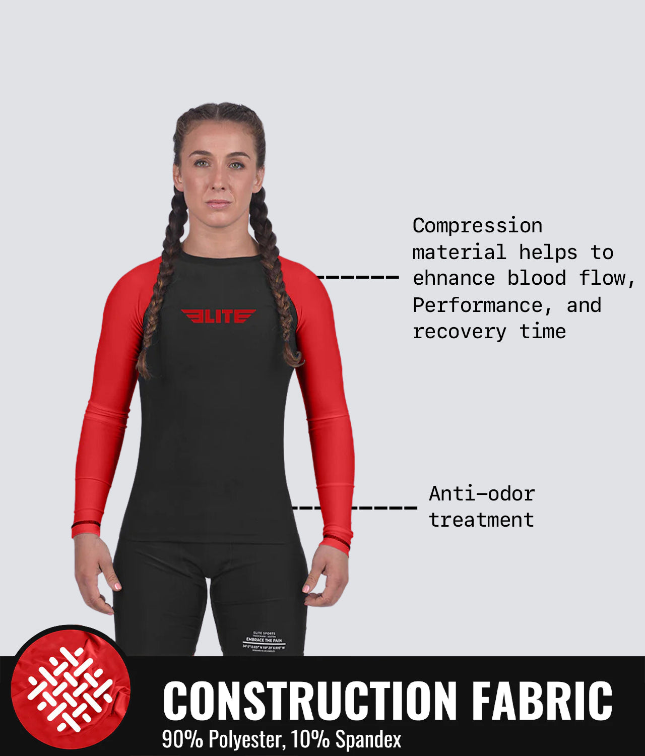 standard red long sleeve womens bjj rash guard compression fabric