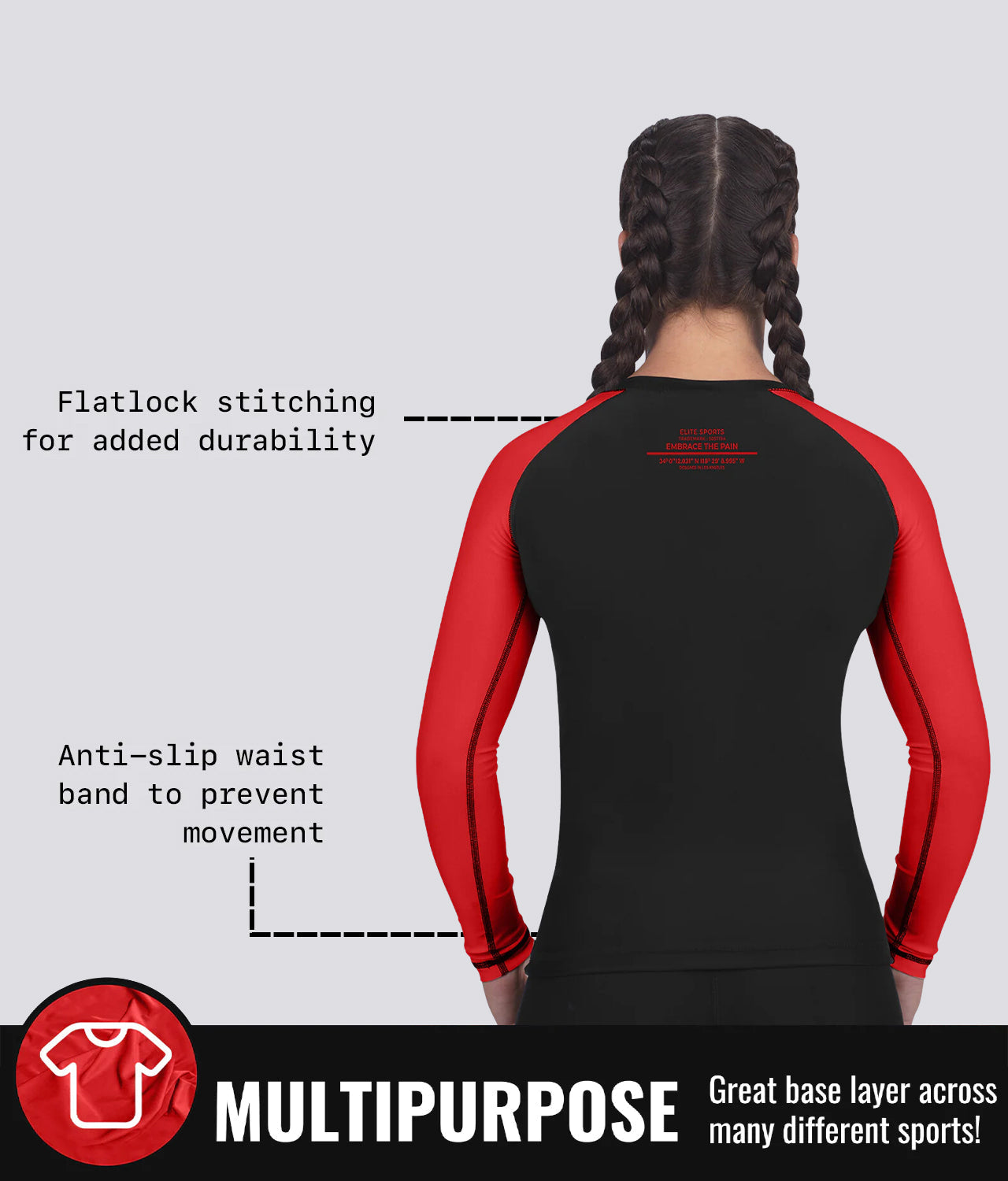 standard red multipurpose long sleeve womens no-gi bjj rashguard