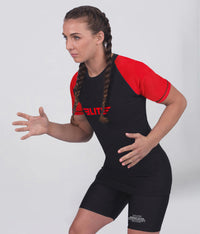 standard red short sleeve womens no-gi bjj rash guard flatlock seams