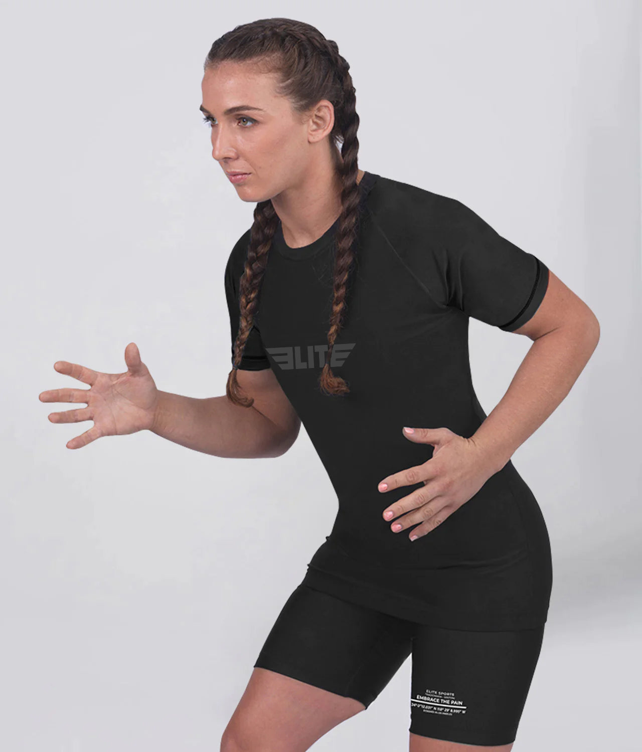 standard black short sleeve womens no-gi bjj rash guard flatlock seams
