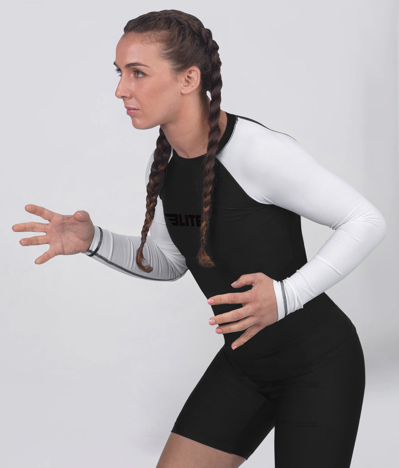 standard white long sleeve womens no-gi bjj rash guard flatlock seams