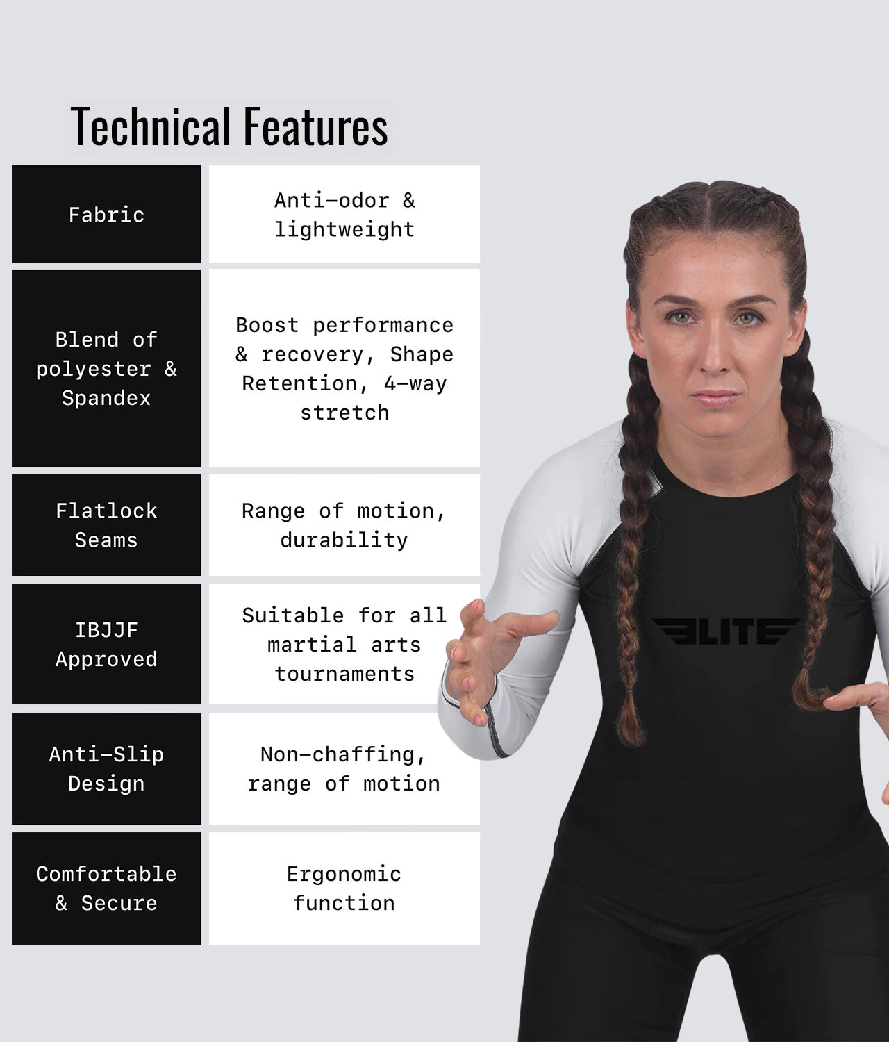 standard white long sleeve ladies bjj rashguard technical features