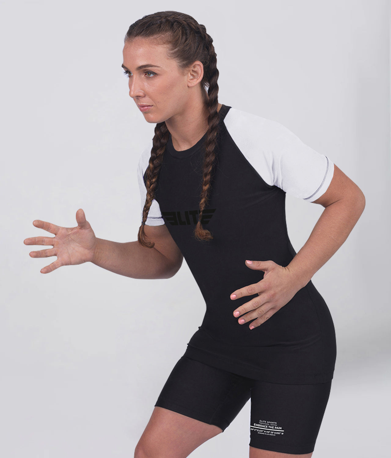 standard white short sleeve womens no-gi bjj rash guard flatlock seams